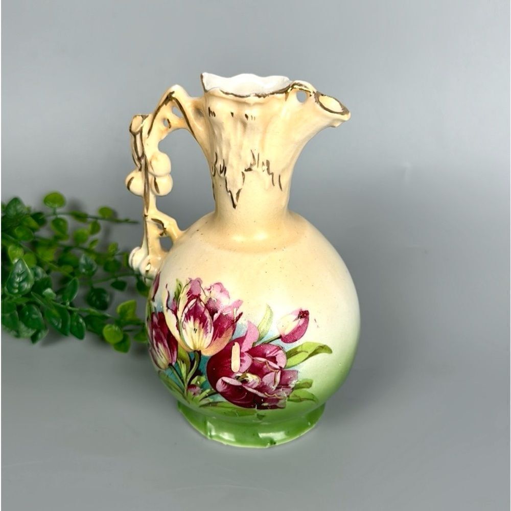 Antique Little Pitcher Austria Porcelain Tulip Floral Cherries Handle